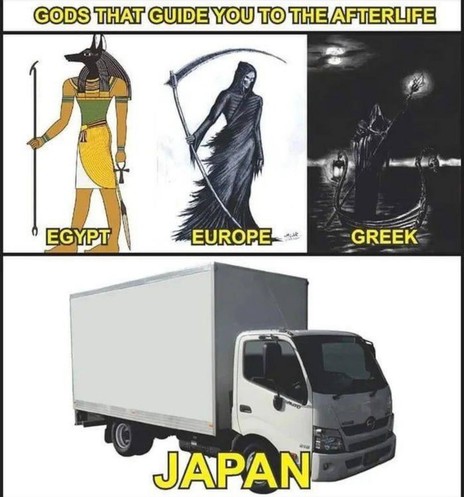 Gods that guide you to the afterlife:
Egypt: Anubis
Europe: Death themself
Greek: Charon


Japan: Truck-kun