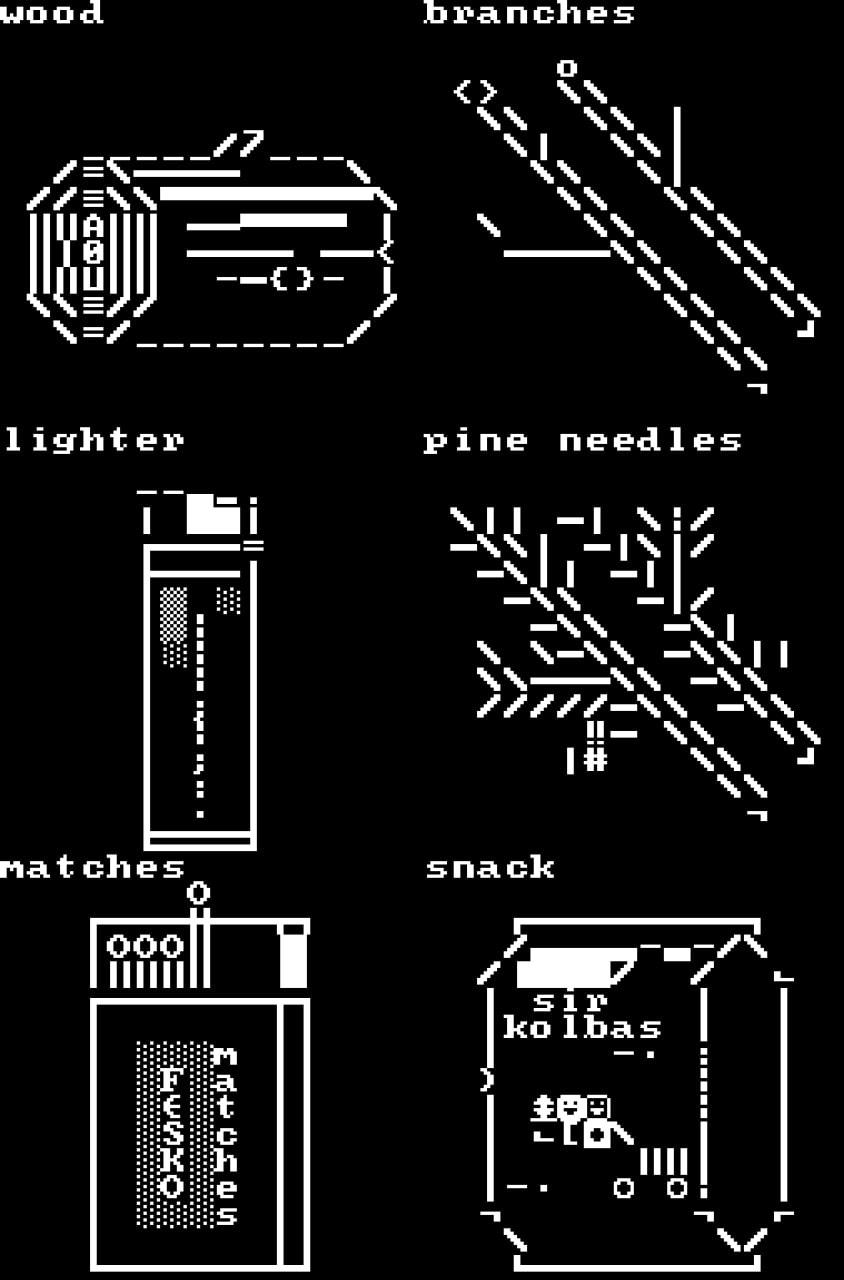 ASCII-art of random items: wood, branches, lighter, pine needles, matches, snack